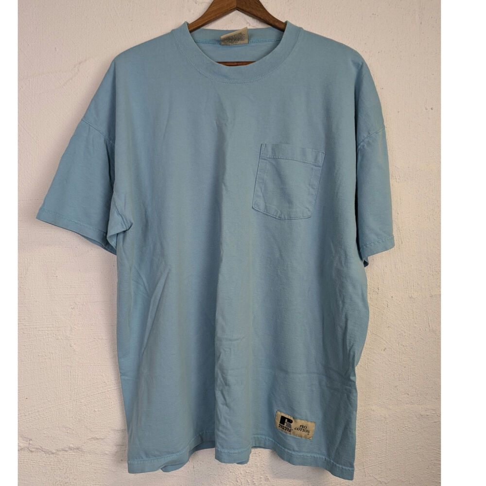 Vtg Russell Athletic T Shirt Pro Cotton Crew Neck Blue Classic Pocket Mens XL